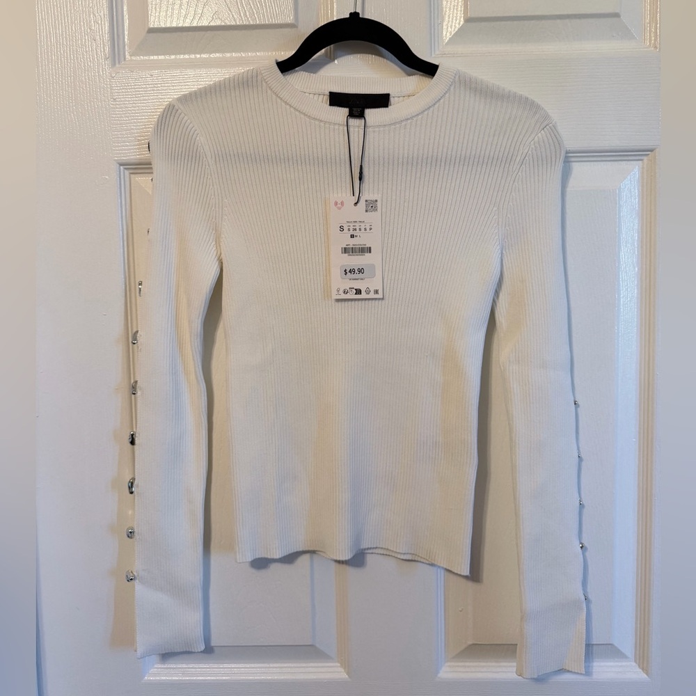 Zara Elegant White Ribbed Long Sleeve Top